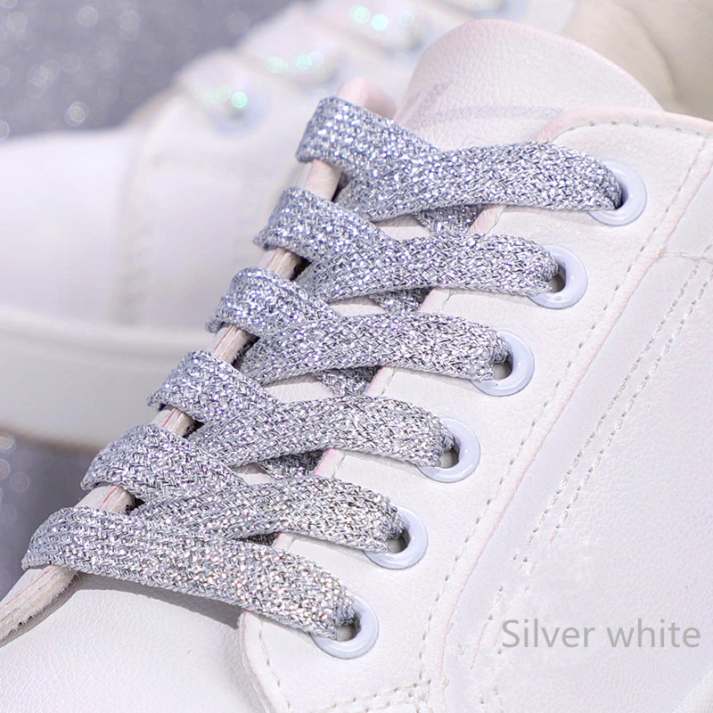 Vibrant Metallic Glitter Flat Shoelaces - Silver, White, and Gold for Sports and Running Shoes