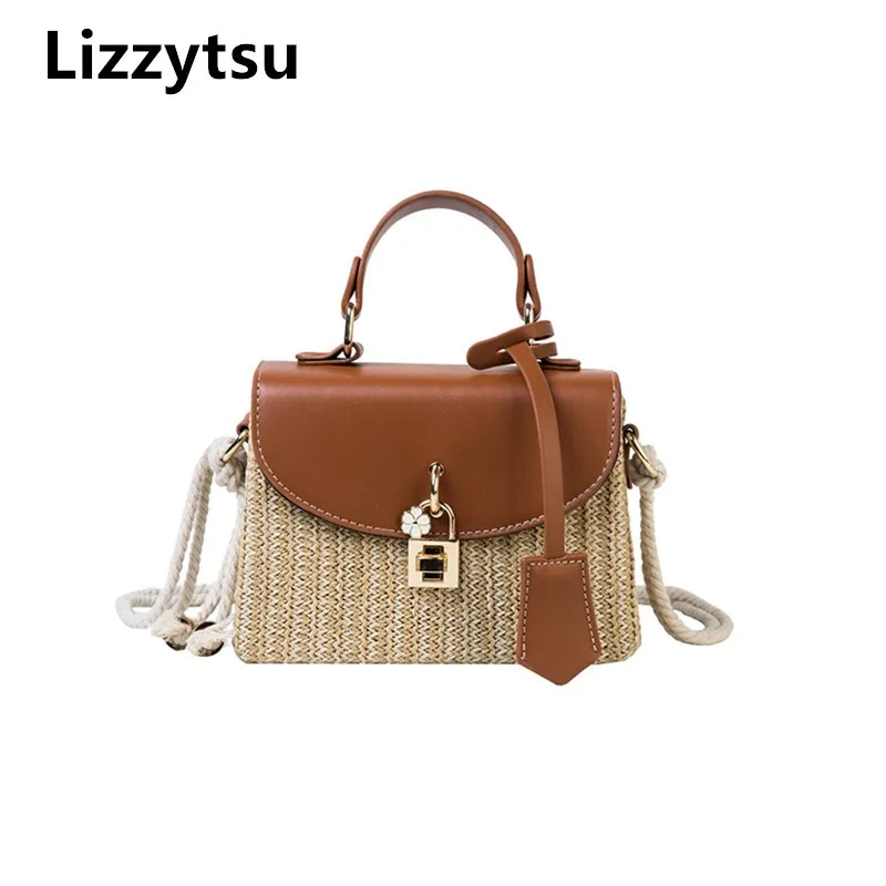 

Корейская винтажная соломенная сумка через плечо Lizzytsu, Женская квадратная сумка с клапаном и замком, повседневные сумки на плечо, Мини японские сумочки с лесным переплетением
