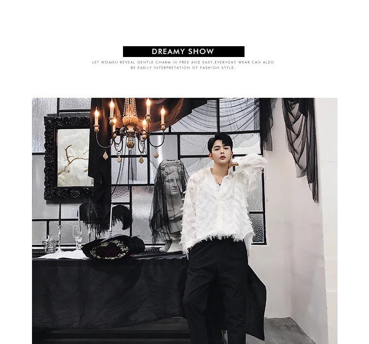 Description Picture 2 of itemSenior 3D Feather Sheer Sexy Men Blouse Trendy Handsome Party Shirt Male Dinner Banquet Fairy Elegant Tops Chic Vibe Ins Blouse