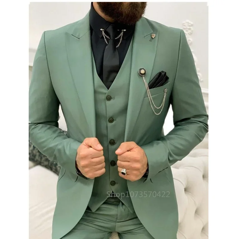Mens 1 Button Slim Fit Faux Leather with Patch Pockets Green Suit
