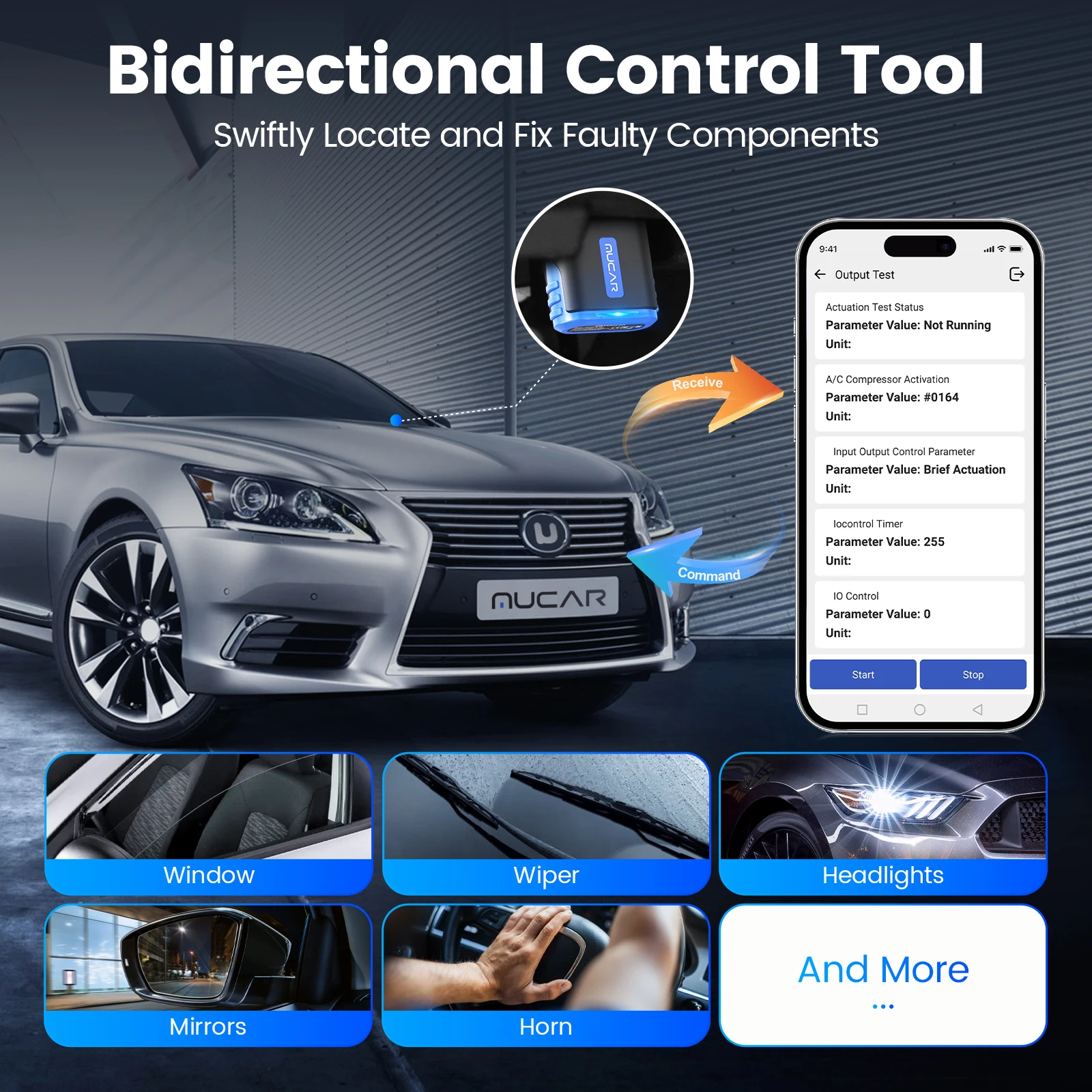 MUCAR DriverScan OBD2 Scanner Bluetooth, ferramenta de verificação bidirecional de todos os sistemas OE Level Diagnostic Teste ativo / atuação com mais de 15 funções de serviço Todo software 1 ano grátis para iPhone e