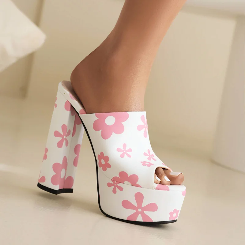 

2023 Women sandals plus size 22-26.5cm microfiber leather high heels mules Printed flower women summer shoes Europe and America