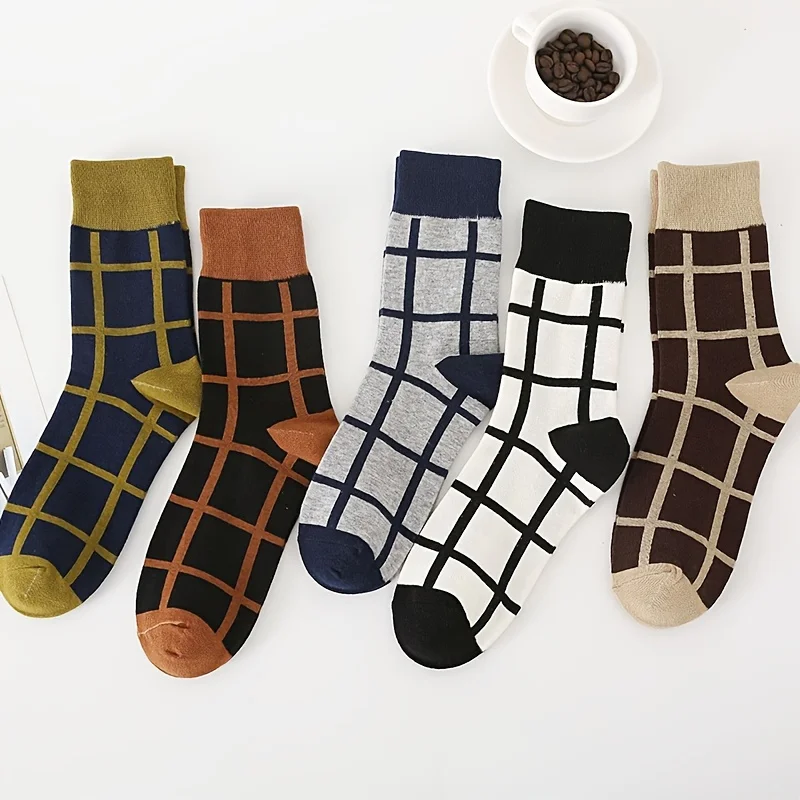 

5 Pairs of Men's Checkered Colored Striped Round Neck Socks with Medium Length British Style Cotton Socks