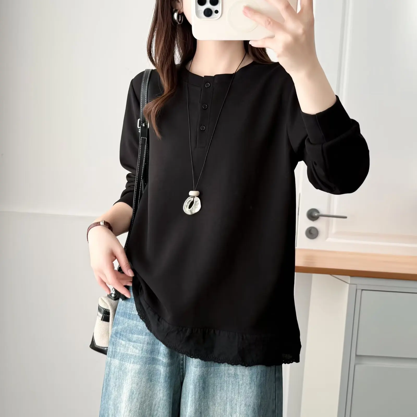 XXXXL Fashion Plus Size Women's T-Shirt 2025 Autumn New Style Casual Hem Slit Long Sleeved Base Top 822