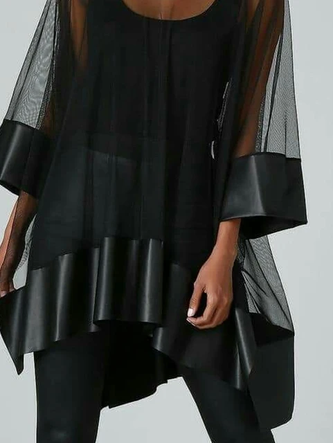 Spring New Women Irregular Shirt Cowl Neck See-through Patchwork Tops Loose Fit Turtleneck 3/4 Sleeve Irregular Casual Blouse 2