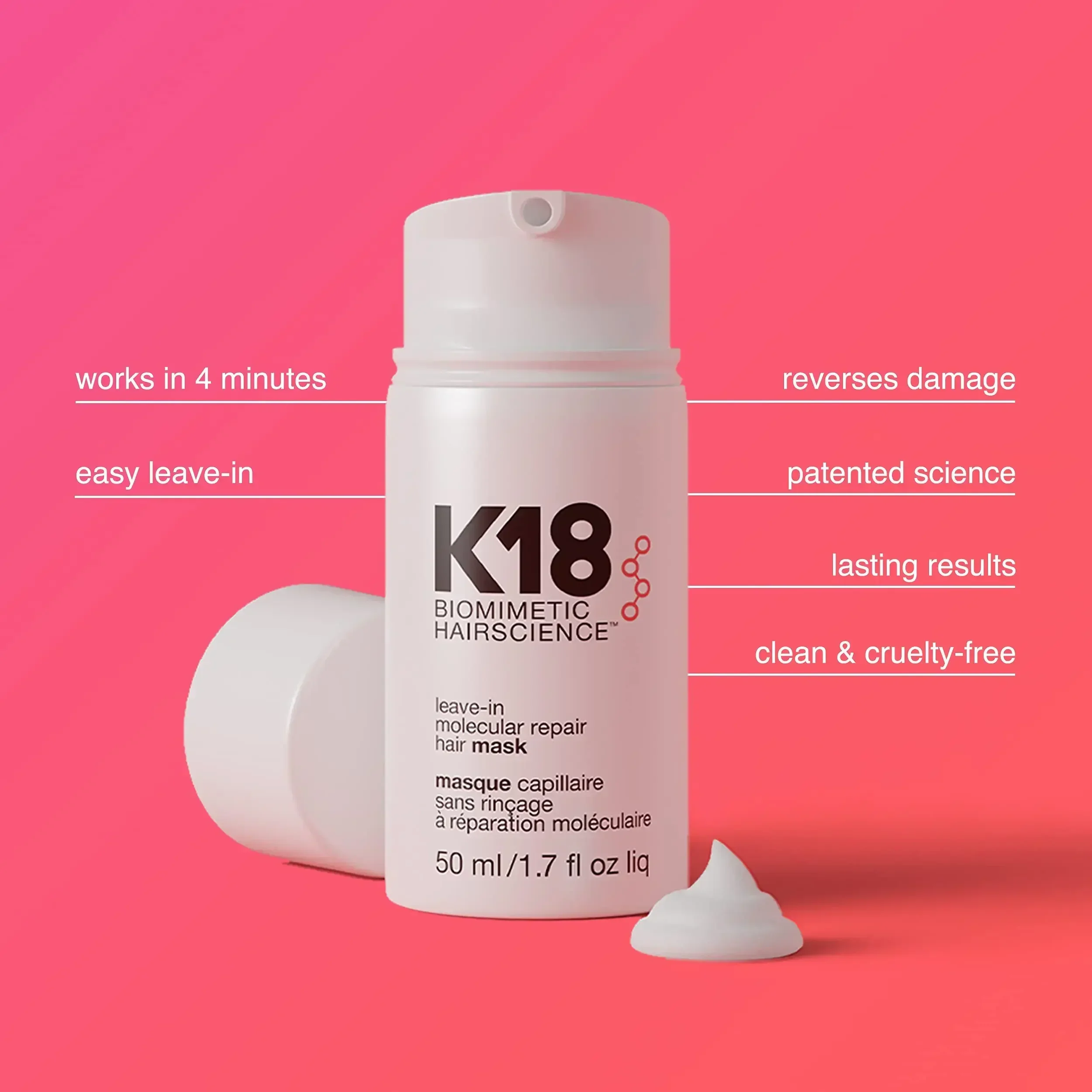 50ML K18 Original Leave-In Conditioner Biomimetic Pro Molecular Repair Dry Hair 4 Minutes To Reverse Hair Damage Moisturize