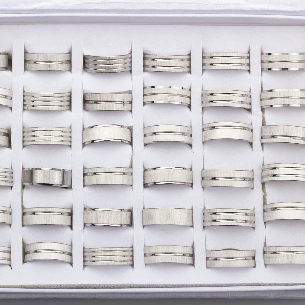 36Pcs/lot Men's Finger Ring Drawing Stripe Stainless Steel Jewelry Rings Wholesale Mixed Styles Mixed Size Gift