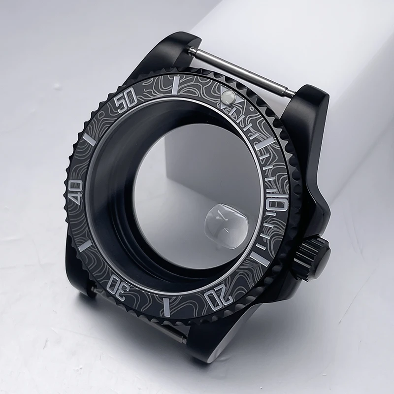 All-Black Sub Style Watch Case with Rubber Strap and Sapphire Crystal