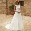 Elegant A-Line Wedding Dress Women Lace Illusion Back Short Sleeve O-Neck Chiffion Bridal Gown Train Vestido De Noiva Customized 1