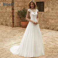 Elegant A-Line Wedding Dress Women Lace Illusion Back Short Sleeve O-Neck Chiffion Bridal Gown Train Vestido De Noiva Customized 1