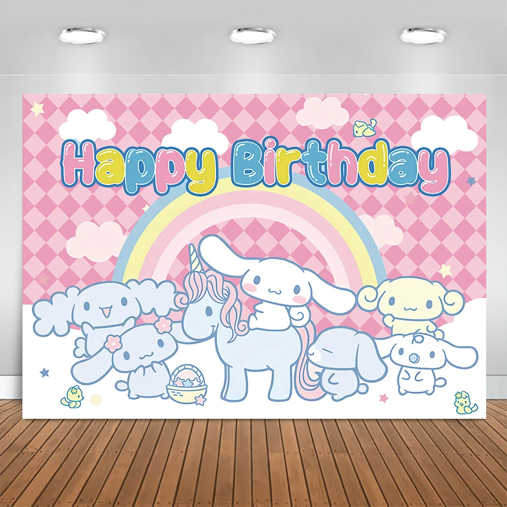 Sanrio Backdrops Banner Rainbow Balloons Cartoon Cinnamoroll Children's Happy Birthday Party Decor Photo Background Booth Props birthday backdrop party backdrop curtain party decoration photo booth props photography props party supplies