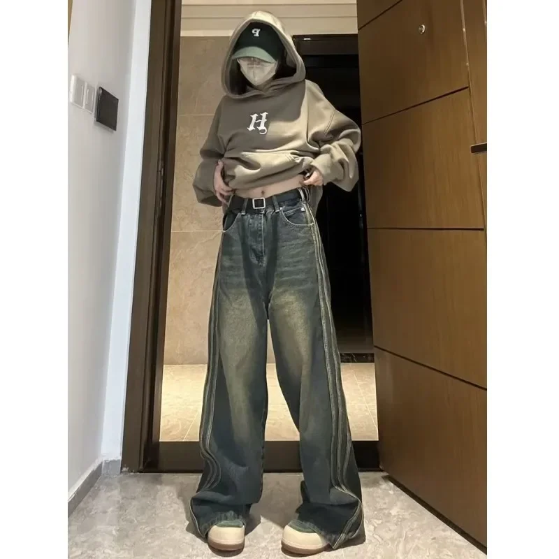 

Fashion Side Stripe Design Micro Flared Jeans Women 2023 Autumn and Winter High Waist Loose Slim Wide Leg Jeans Y2k Trend Womens