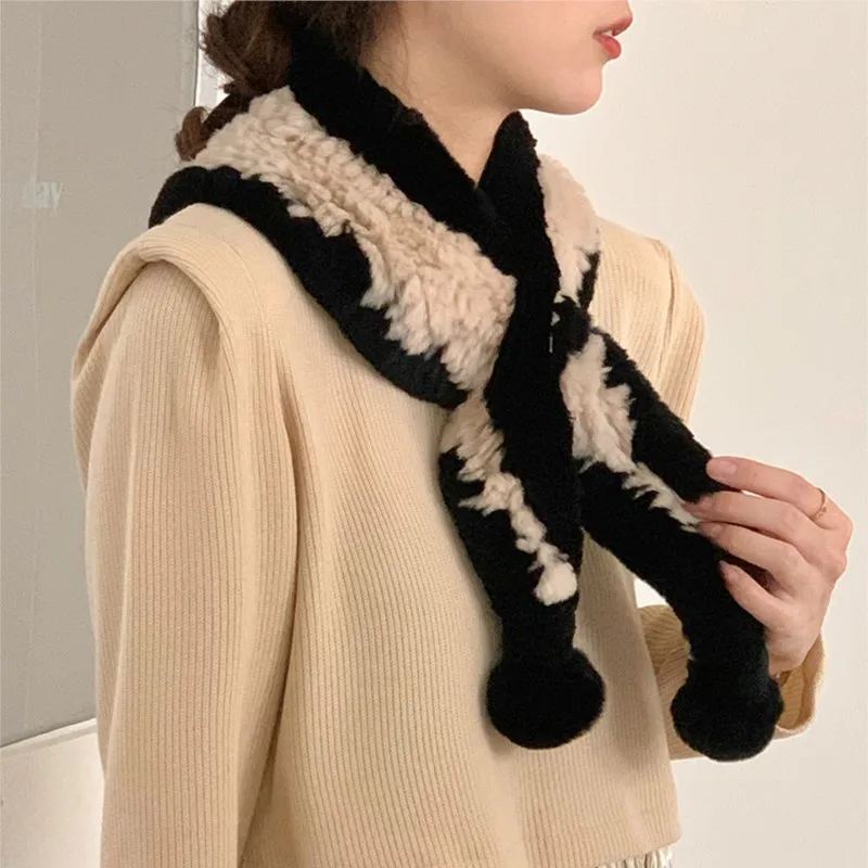 

ZDFURS*Rabbit Fur Shawl Knitted Scarf Women Autumn Winter Outerwear Casual Fashion Colorblock Fur Shoulder-Matching Fur Scarf