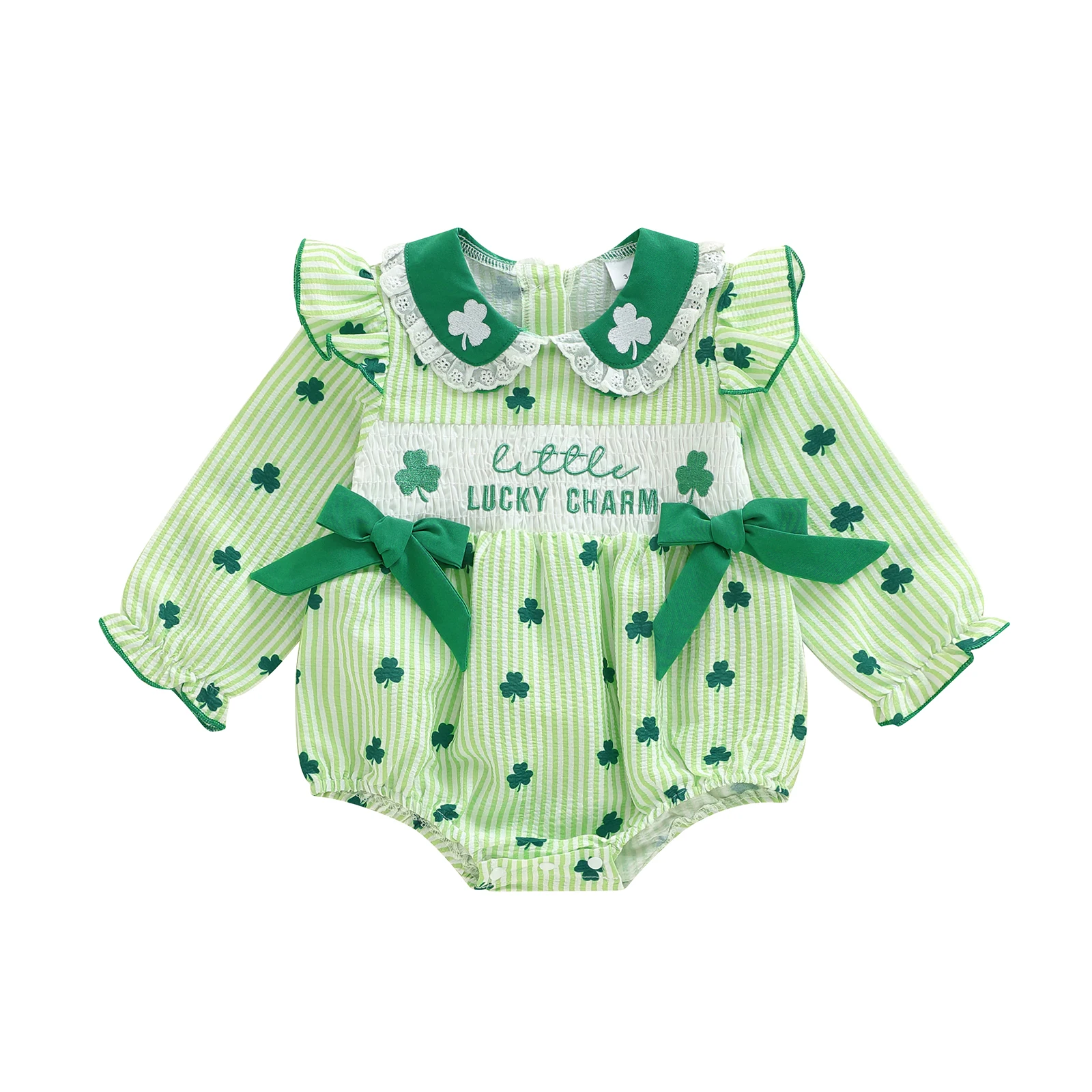 Infant Spring Jumpsuit Clover Pattern Lace-Edged Doll Collar  Suit with Ribbon Embellishments and Stripes