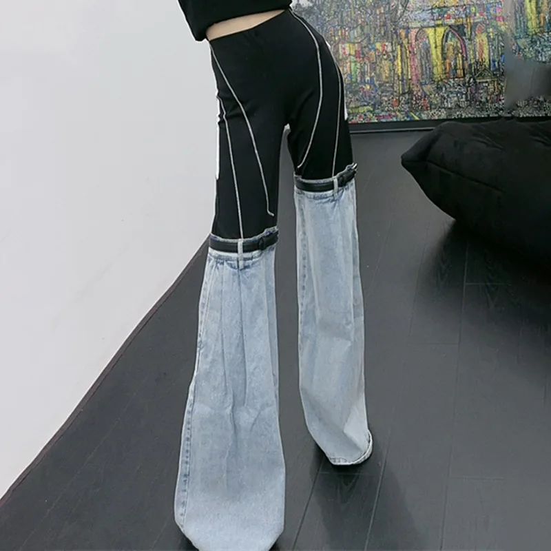 

2023 Black Elastic Knitted Contrast Bright Thread Decorative Splice High Street Style Denim Casual Pants for Women