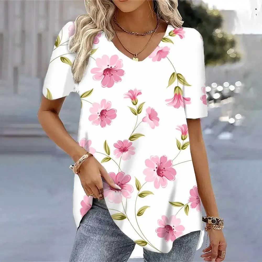 

New Flower Print Women's T-shirts Summer Casual Vintage V-neck Female Clothing Short sleeve Tees Loose Tops Oversized Streetwear