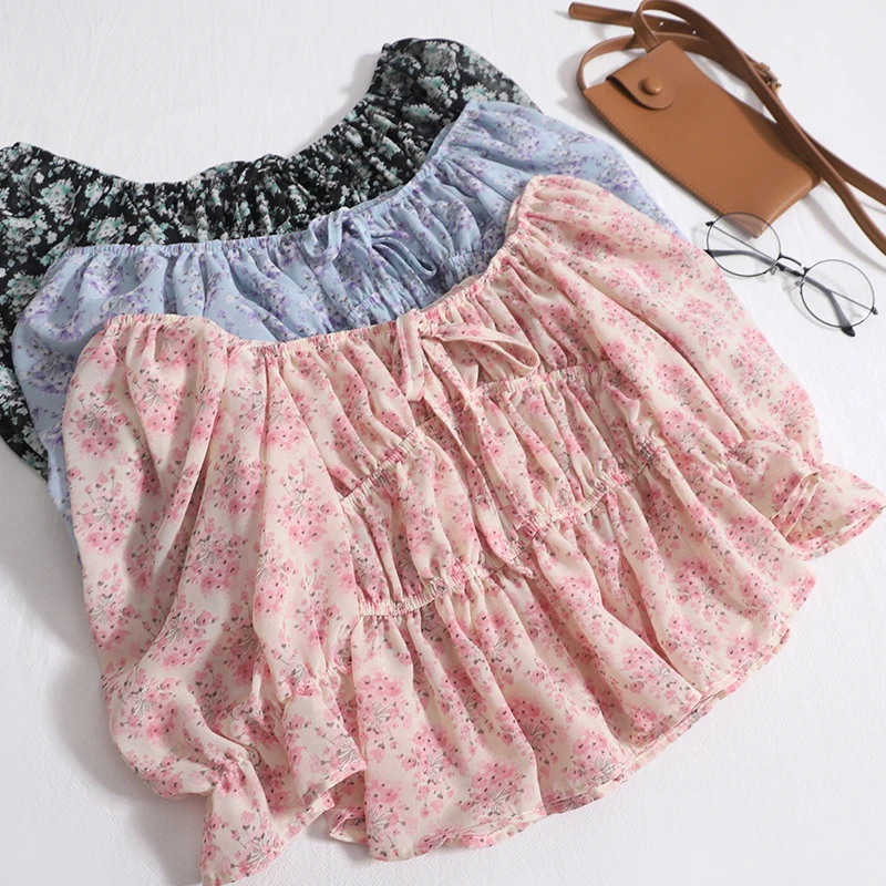 

French Boat Neck Tops Summer Women Off The Shoulder Floral Bubble Sleeve Pleated Shirt Sweet Casual Lace-up T-Shirt