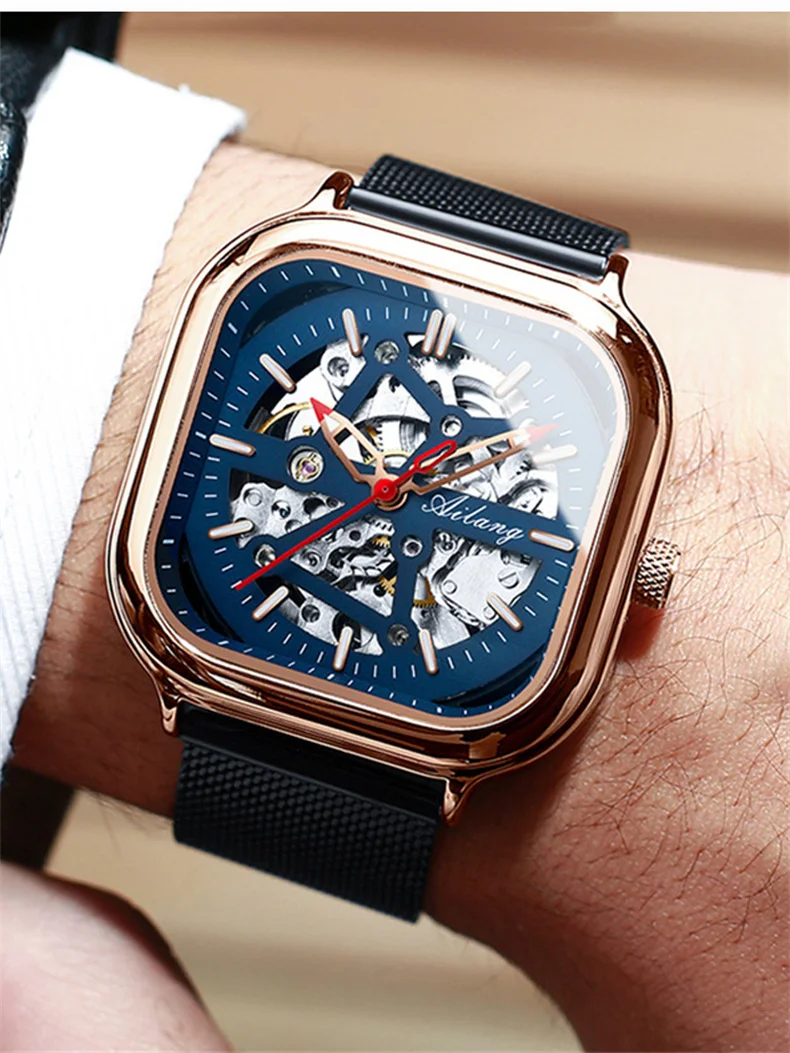 AILANG Top Skelett Quadrat Mechanesch Fir Männer Automatesch Handgelenk Waasserdicht Mesh Gürtel es_voghion.com