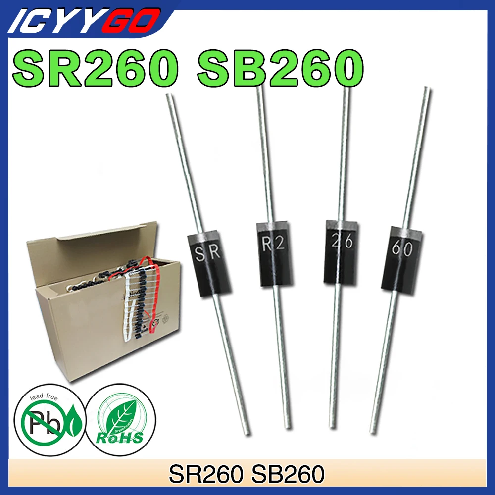 100 Pz Sr260 Sb260 Diodi Raddrizzatori A Barriera Schottky 2A 60 V Do-15 Do-204Ac Axial 2 Amp 60 Volt Sr 260