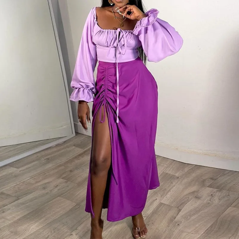 

2024 Spring New Women's Fashion Square Neck Flare Sleeves Short Top & Split High Waist Skirt Set Female Casual Two Piece Outfits