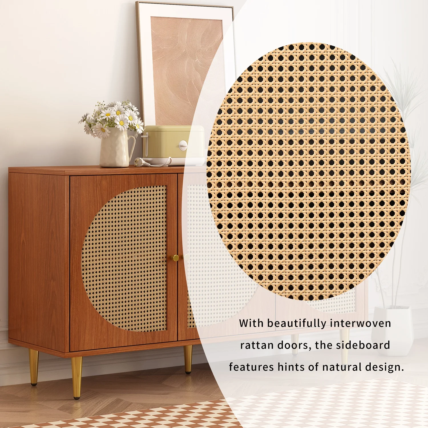 Sideboard mit 3 Rattan-verzierten Türen, Kommode mit Metallgriffen, für Schlafzimmer, Wohnzimmer und Büro – Detail 9