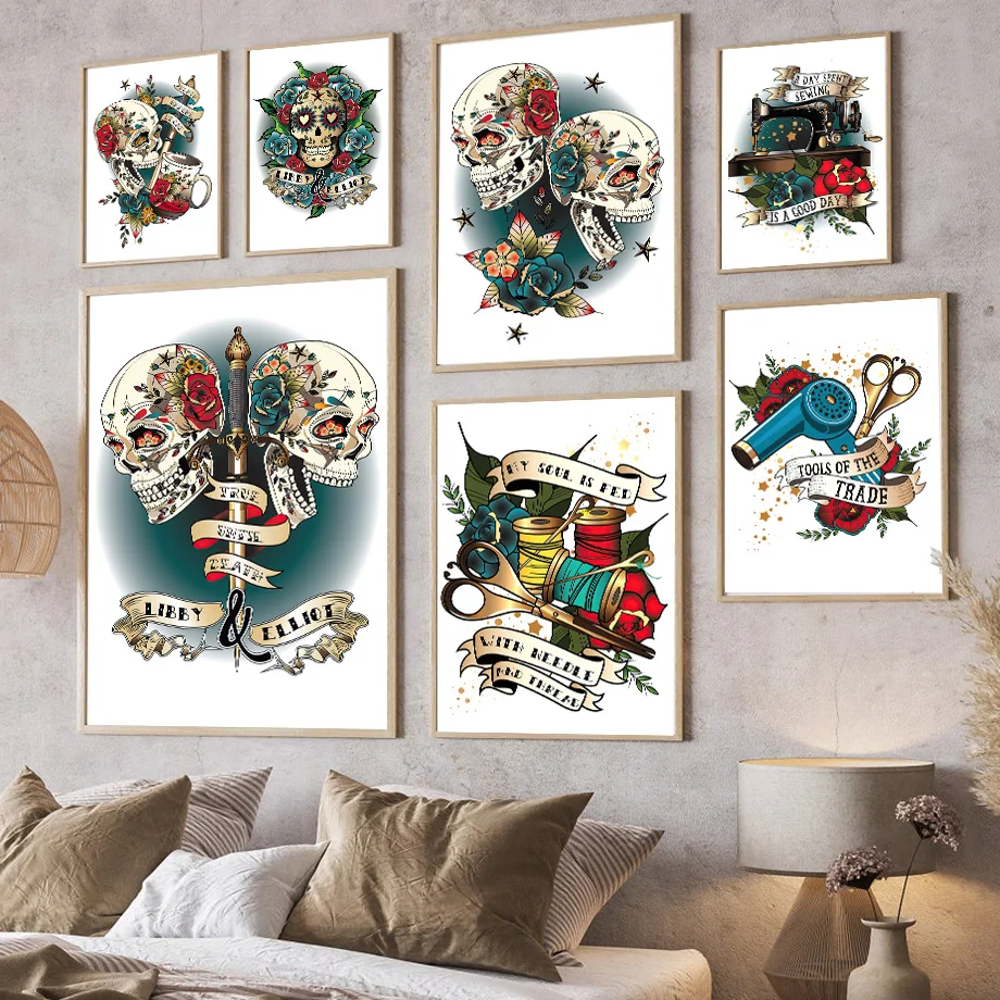 Goth Poster Barber Canvas Hair Salon Abstract Skull Wall Art Painting  Pictures for Living Room Frameless Prints| | - AliExpress