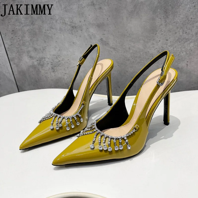 

Summer Tassel Rhinestone High Heel Shoes Woman Pointy Toe Crystal Slingback Leather Dress Shoes Runway Party Banquet Shoes