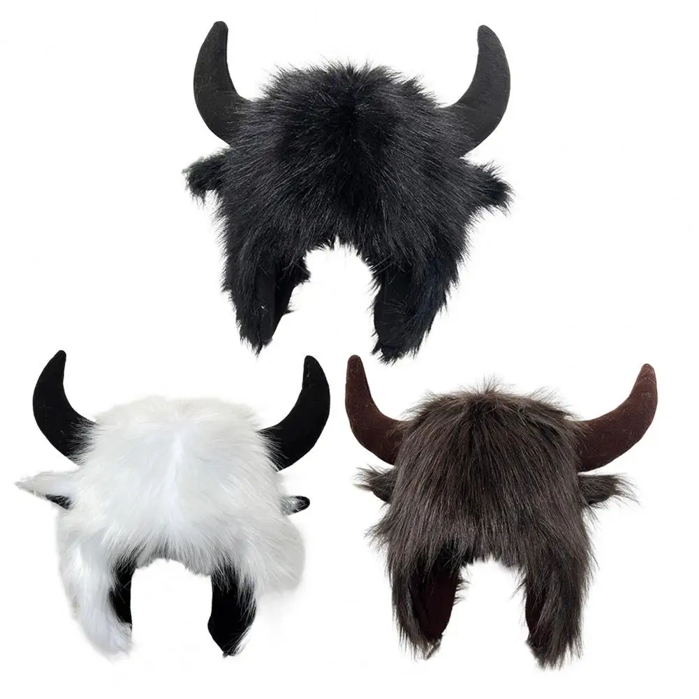 Unisex Winter Funny Hat Fake Cow Horn Decor Thick Warm Faux Fur Ear Protection Windproof Fluffy Photo Prop Women Men Cap images - 6