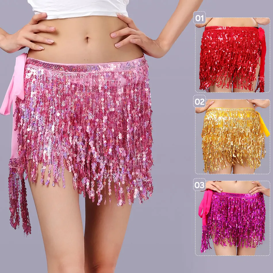 

Женский шарф с блестками для танца живота, 4-слойный набедренный платок на завязках с кисточками и цепочкой, для танца живота