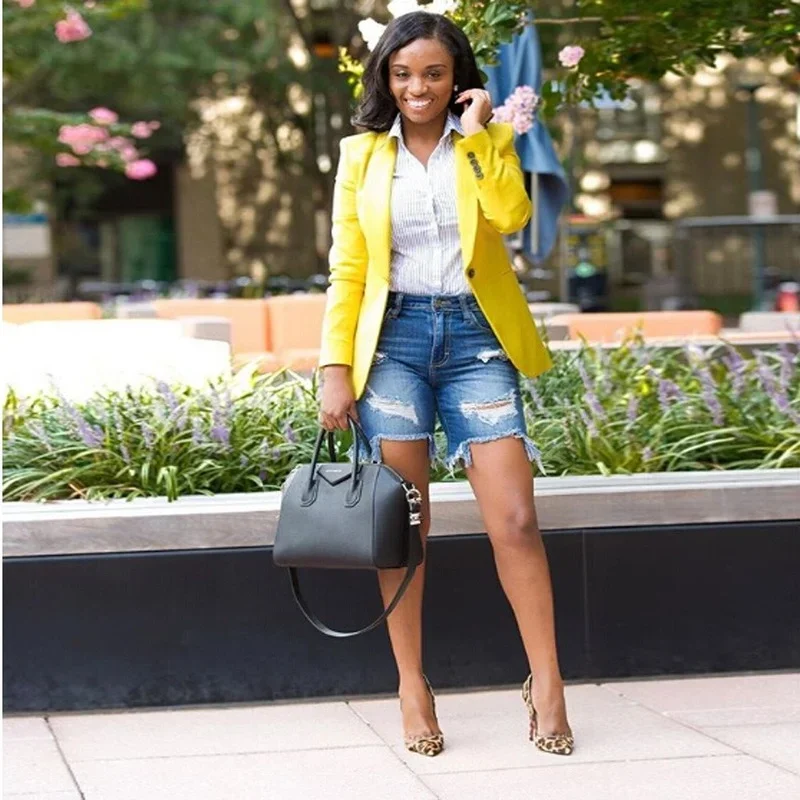 

Yellow Casual Office Blazer 2023 Women Solid Colors Single Button Commute Bussiness Blazer Retro Simple All-Match Clothes Formal