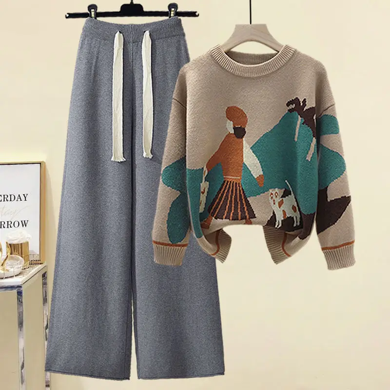 Korean Cartoon Comics Knitted Sweater Pullover Lace Up Knitted Pants Two Piece Set Elegant Women's Pants Set Winter Outfits