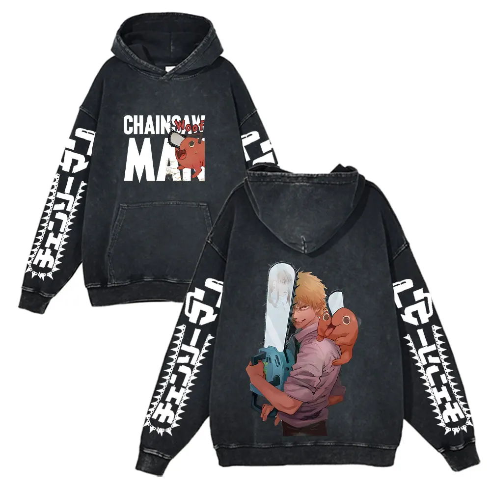 

Anime Chainsaw Man Hooded Washed Sweatshirt Men Women Printed Retro Distressed Pullover 100% Cotton Harajuku Gothic Streetwear