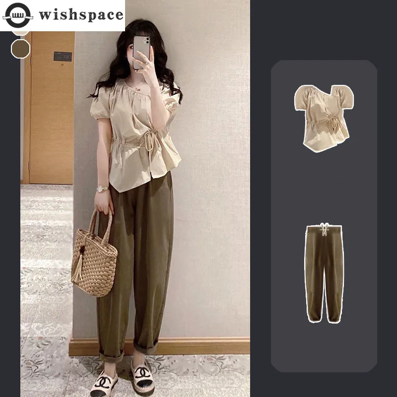 Bubble Sleeve Drawstring Pleated Chiffon Shirt Khaki Casual Pants Two-piece Student Activism Suit Summer Outfits Tracksuit sweater dresses ribbed drawstring hooded sweater dress in khaki size l xl