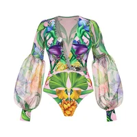 Women Swimwear V-neck long-sleeved Swimsuit Two-piece set Summer Print Bodysuit Bikini Set Beach Style Wear Maxi Dress Skirt 5