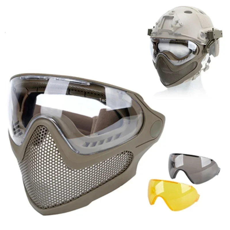 Dulmask-Masque facial complet avec 3 lentilles, équipement Airsoft, protection de chasse, maille en acier, impact, tir
