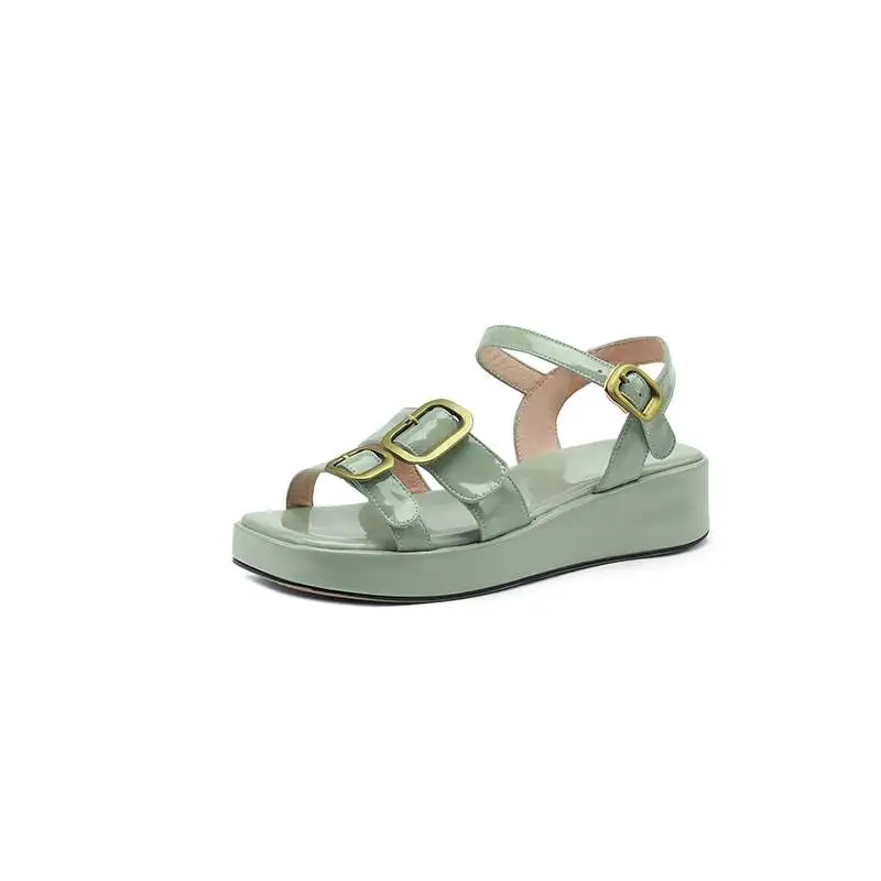 

Vichelo Hot Cow Leather Thick Bottom Metal Square Buckle Med Heel Casual Peep Toe High Street Fashion Flat Platform Rome Sandals