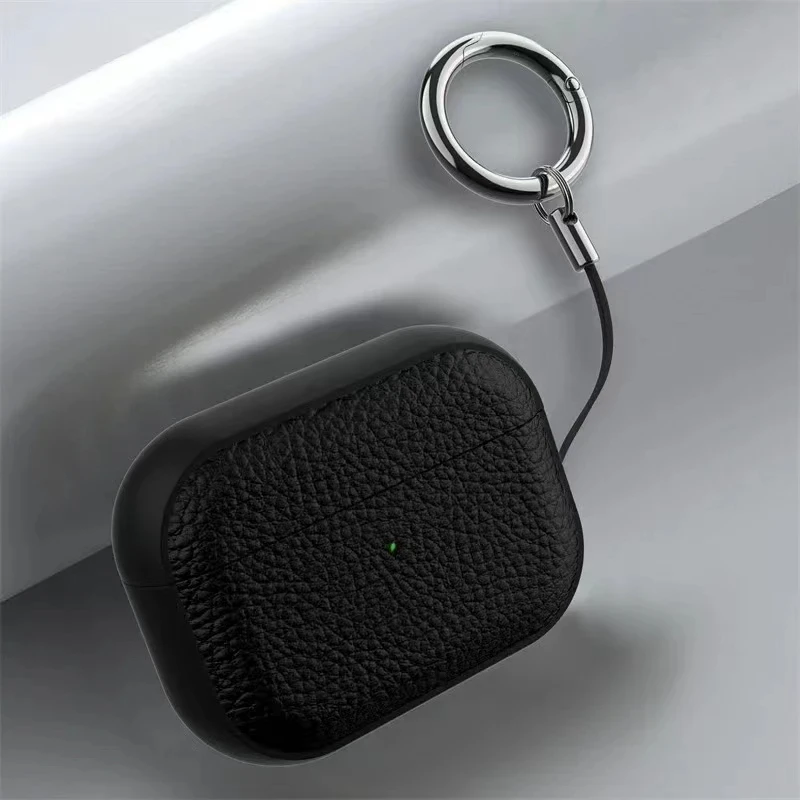 Luxury Lychee Leather Earphone Case with Hook Strap - Business Edition