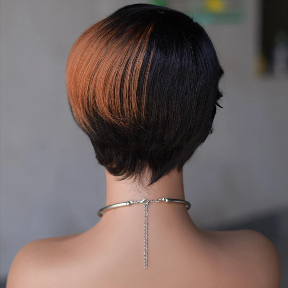Color T1B/30 Short Pixie Cut Wig Straight Human Hair Wigs With Bangs Brazilian Remy Hair Full Mahine Made Wigs