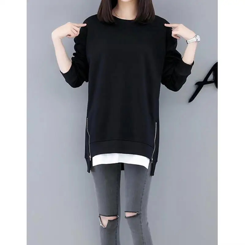 2023 Spring Autumn New Oversize Round Neck Long Sleeve Zipper Pullovers Women Casual Loose Fashion All-match Mid-length Sweatshi