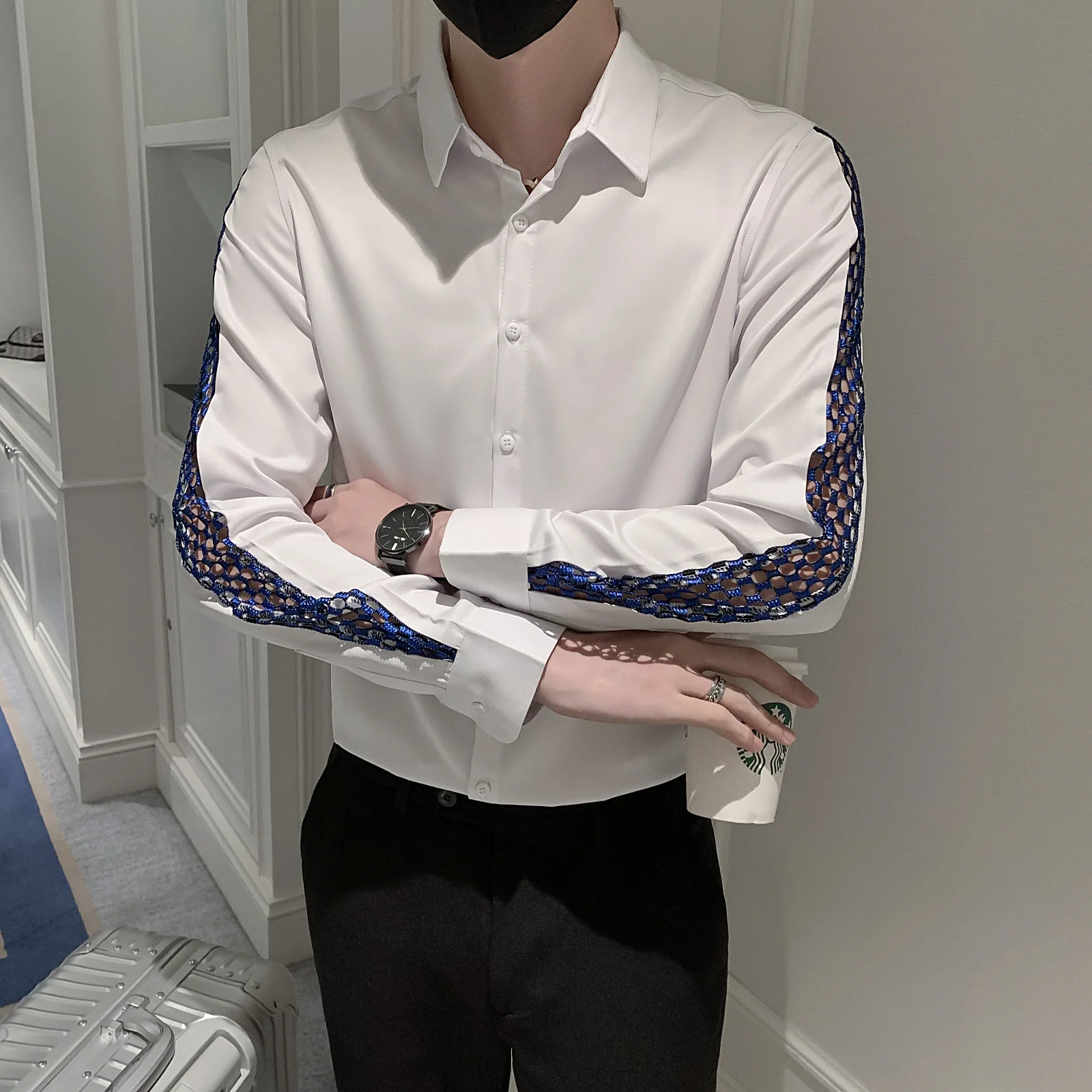 

Мужская Облегающая рубашка с длинным рукавом, Повседневная рубашка с вырезами, смокинг, певец, одежда для вечеринки и ночного клуба, 2023