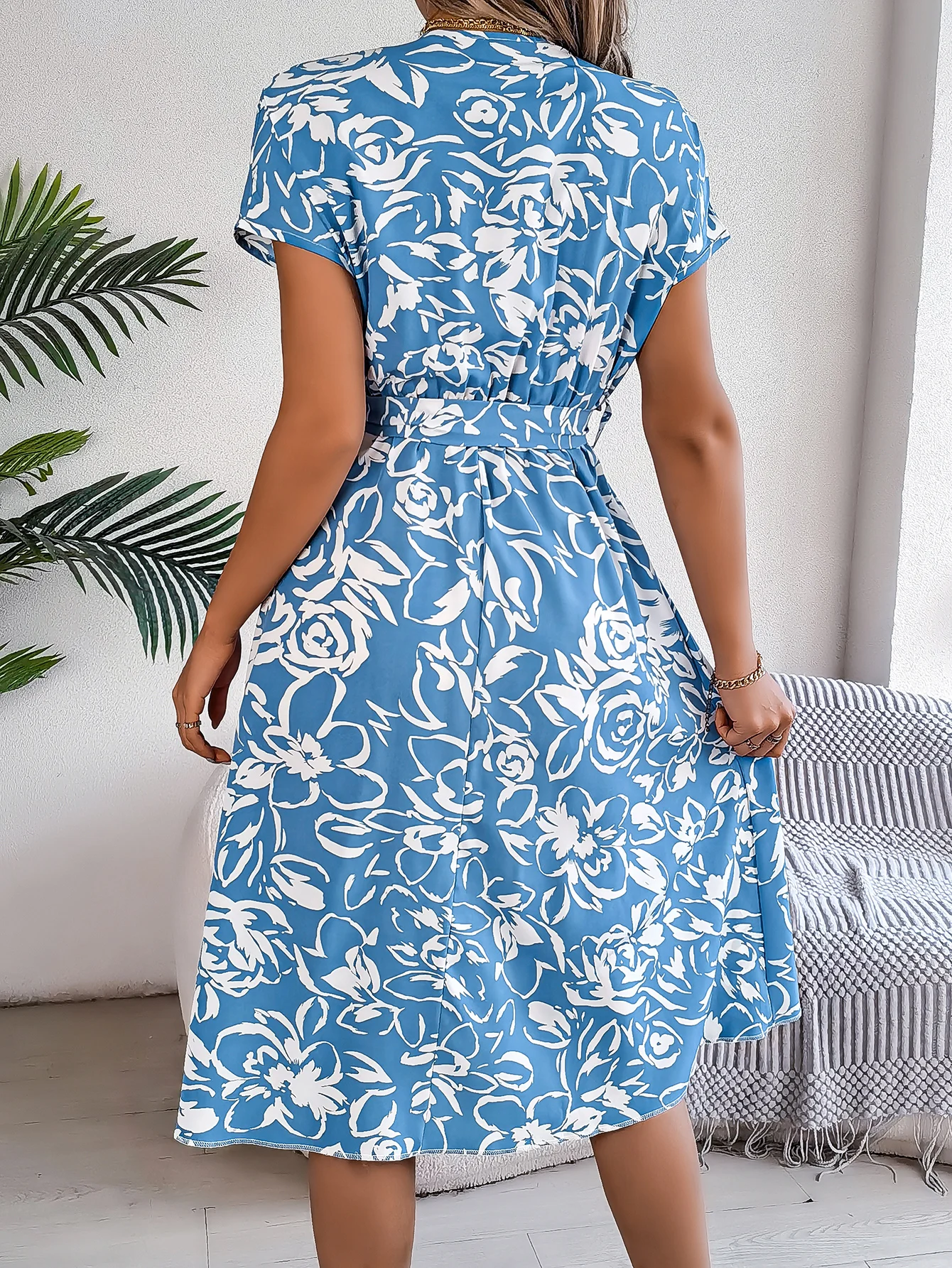 Women Casual V Neck Flower Printed A Line Dress