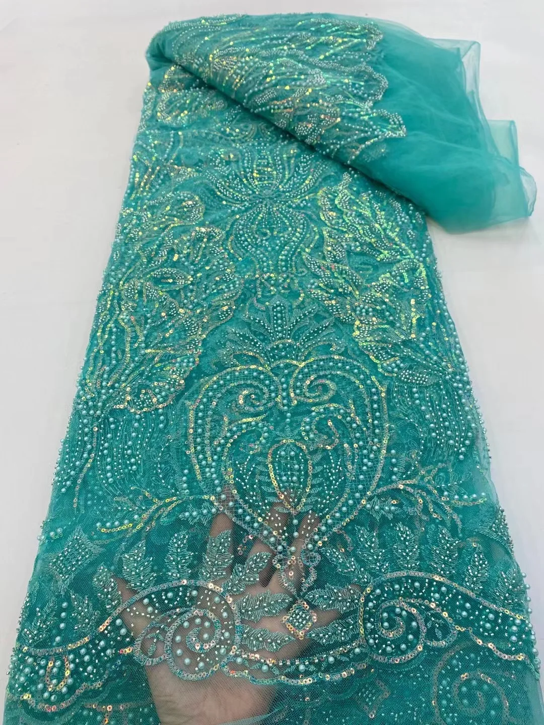 African New Arrival Luxury Sequins 5 Yards Mesh Fabric 2022 French High Quality Handmade Beaded Tulle Lace Women Dinner Dress 