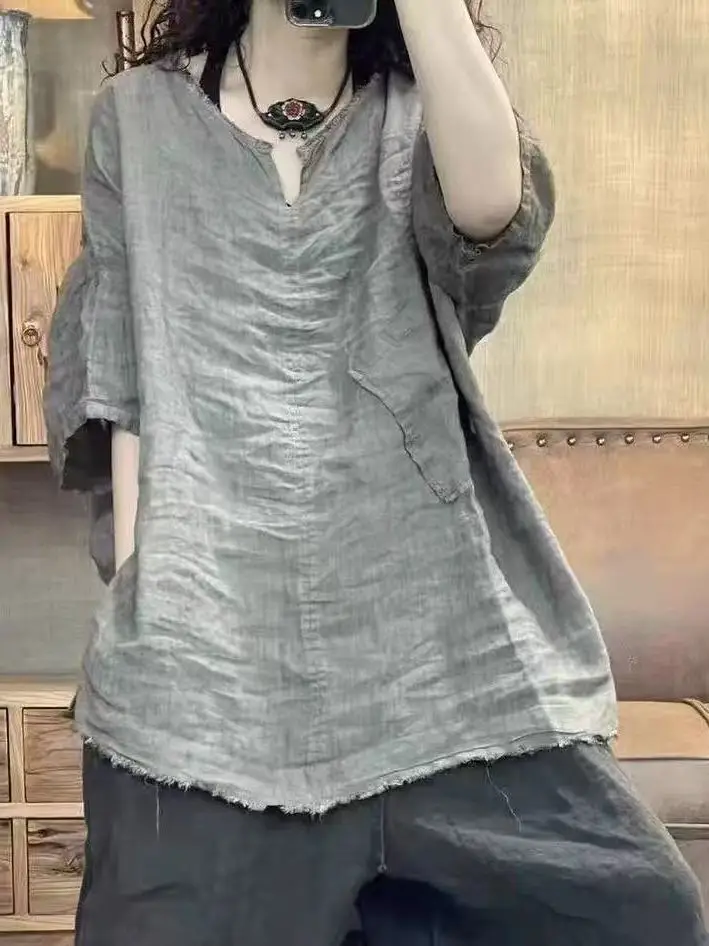 Retro Linen Cotton T-irt Women's Casual Long Sve V-Ne Mid-Length Vintage Waed Summer Faion Versatile Top