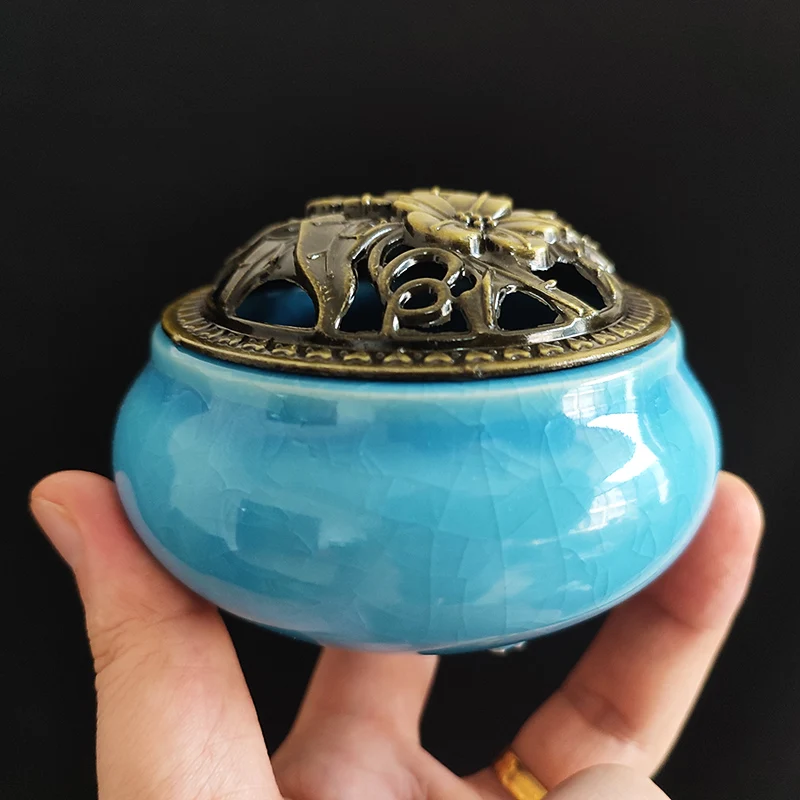 Ceramic Ice Crack Coil Incense Burner with Copper Cover, Colorful Antique Alloy Incense Plate Aroma Diffuser Home Decor - Image 5