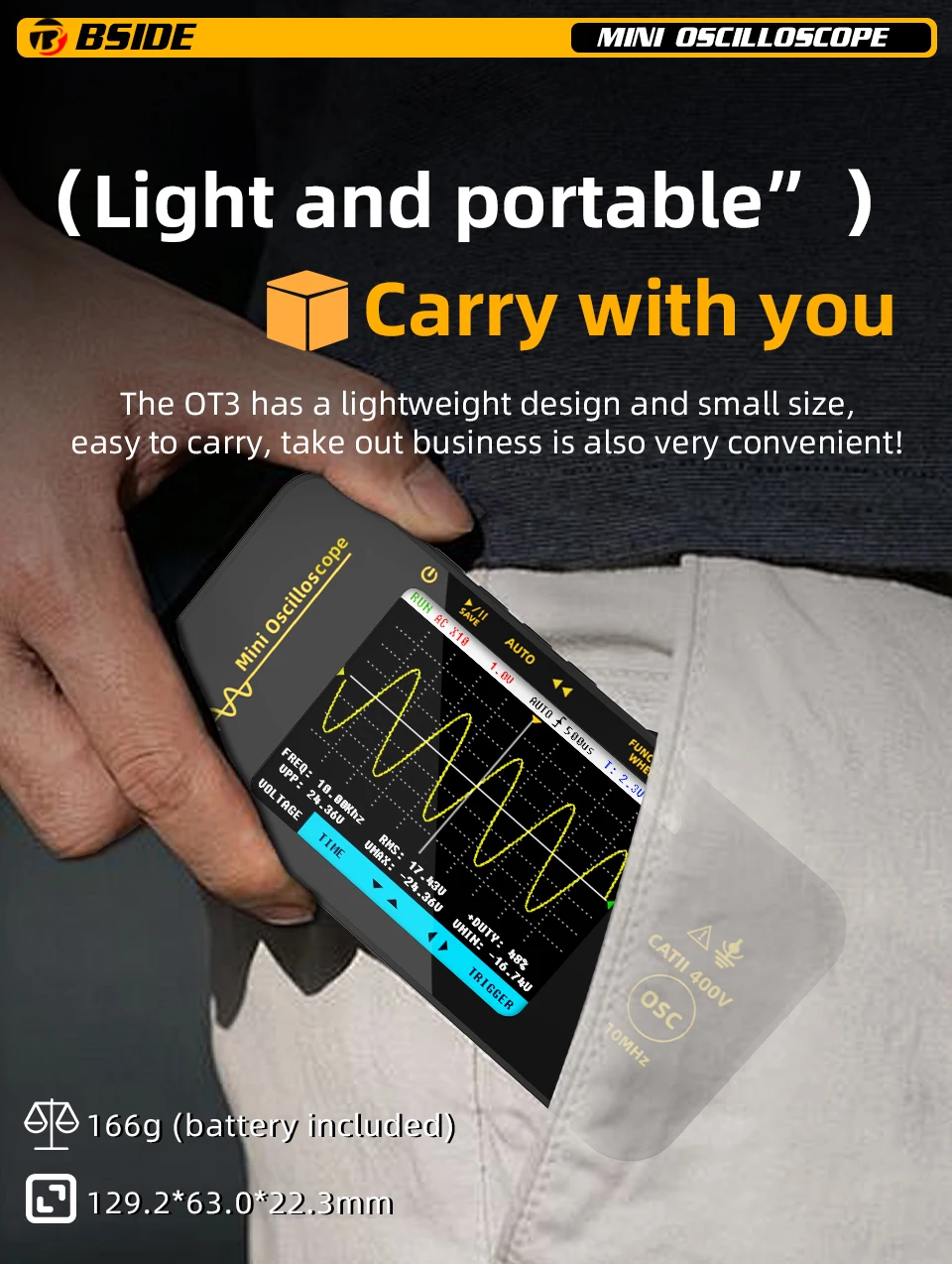 OT3 Handheld Oscilloscope 3.2” TFT LCD Digital Scope Tester, 10MHz/48MSa/s,Potab