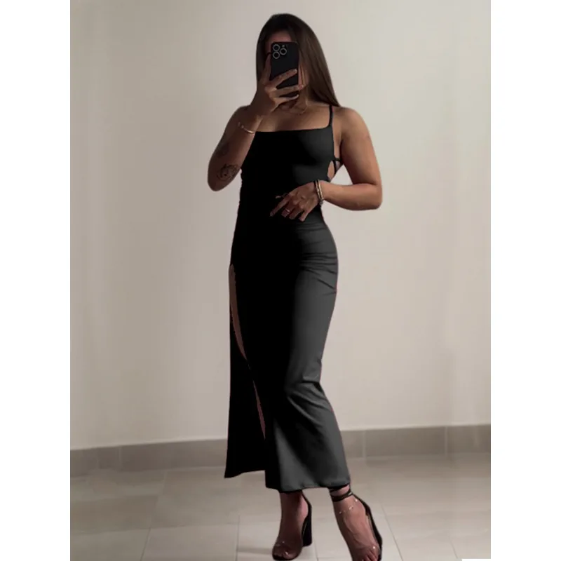 Fashion New Summer Women's U-neck Suspender Dress Elegant Lace-up Halter Sexy Split Slim Sleeveless Solid Color Long Dress