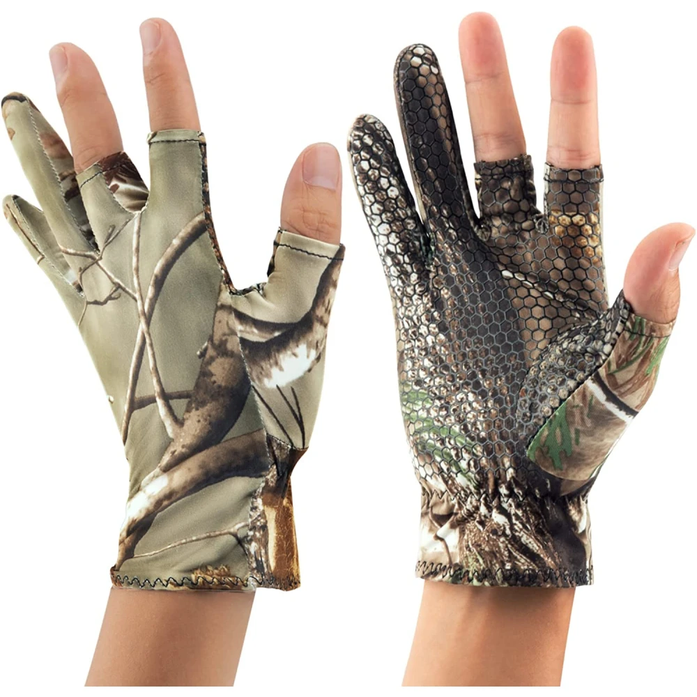 Gants camouflage pêche anti-dérapage élastiques fins mitaine 3 doigts coupés chasse vélo mi-doigts