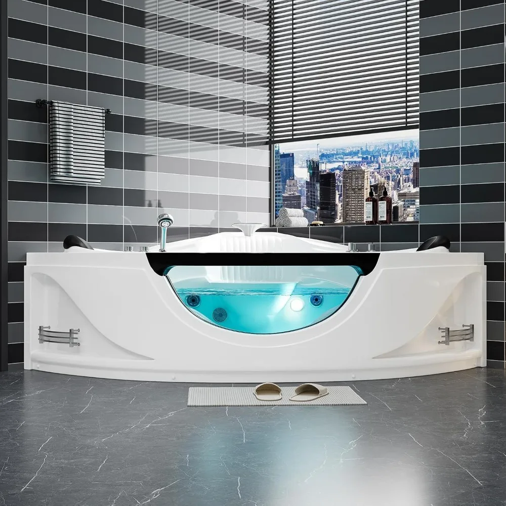 Whirlpool Bathtub, Corner Back to Wall Freestanding Whirlpool Tub, Therapy Hydro-Massage Soaking Tub with Double Pillow Jets Tub 6