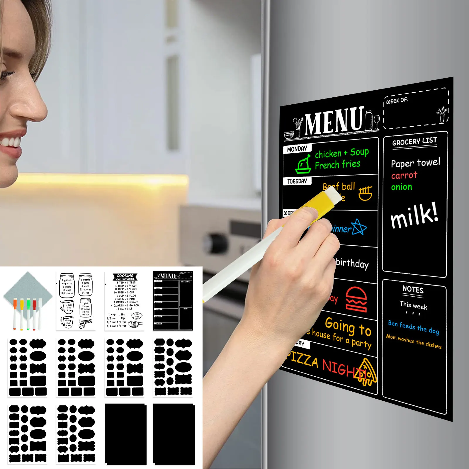 

Magnetic Dry Erase Menu Board Set for Fridge with 5 Markers 10 Blackboard Stickers Wiping Rag 2 Cooking Conversion Rate Stickers