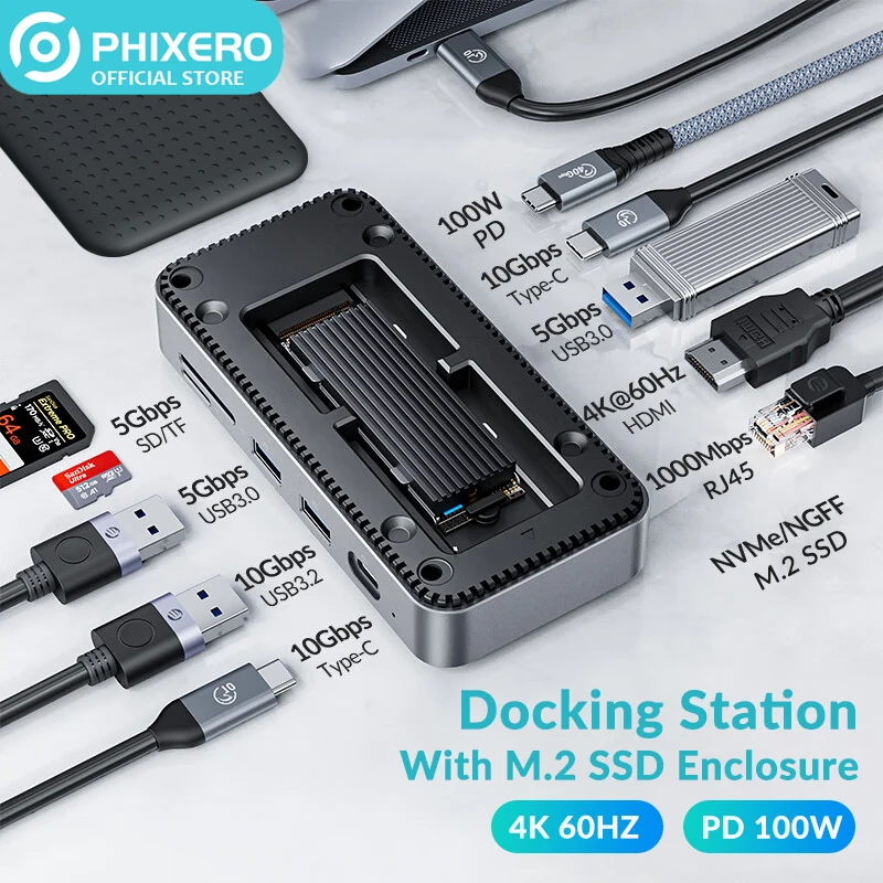 PHIXERO 노트북 맥북 프로용 도킹 스테이션, M.2 SSD 인클로저 포함, USB C 10Gbps PD 100W RJ45 SD/TF 4K 10 in 1